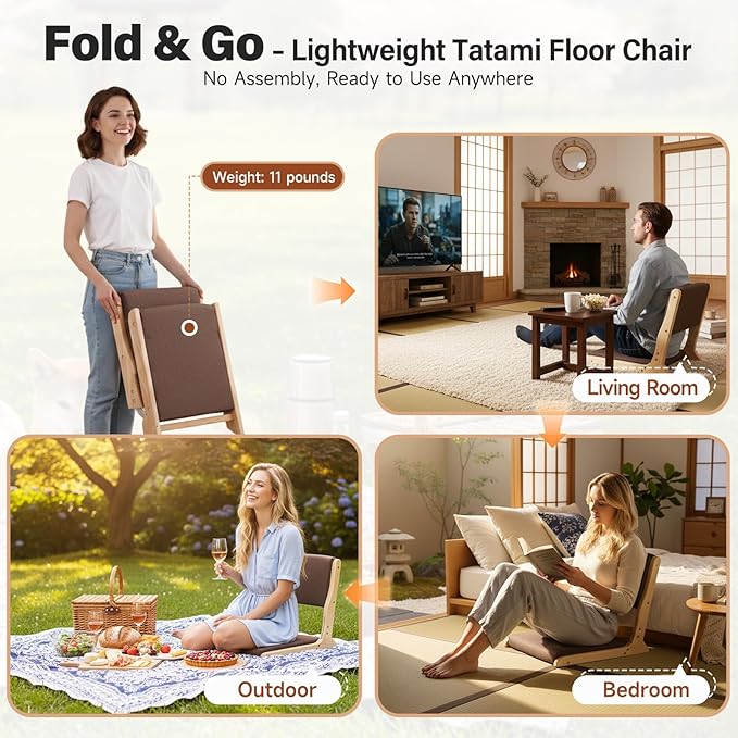 Tiita Foldable Tatami Chair, Japanese loor Chair, Wood Legless Back Rest Chairs with Cushion, Accent Meditation Floor Chairs Bay Window, Wood Brown