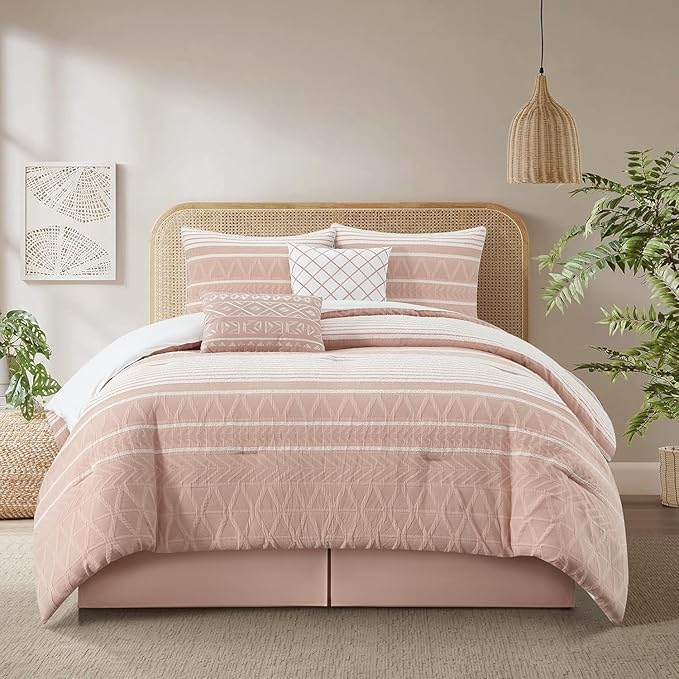 Grand Avenue Cotton California King Size Comforter Set, 6 Piece, Blush Geometric Jacquard Bedding Set, Bedskirt, Pillows & Shams, Home Decor