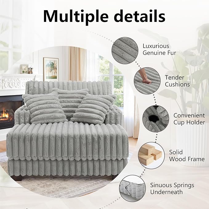 UIXE Chaise Lounge Chair Indoor, Oversized Sleeper Chair with 2 Cup Holders, Faux Fur Upholstered Sofa Bed Comfy Recliner Solid Wood Frame Reading Seat for Living Room, Bedroom - Light Gray