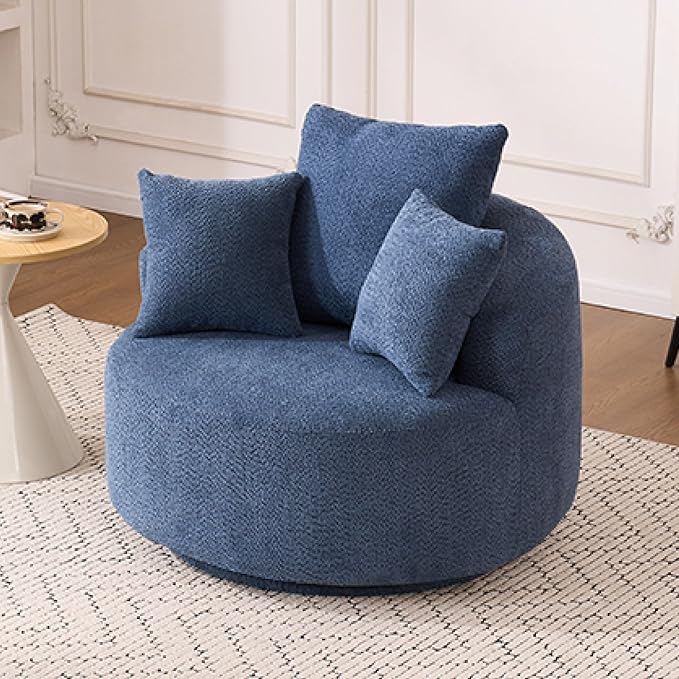 Yoglad 38.58'' Swivel Round Chair, Comfy Boucle 360° Accent Chair with Thick Cushion, Oversized Modern Single Sofa with 3 Pillows, Soft Armchair for Nursery, Living Room, Bedroom, Office (Blue)