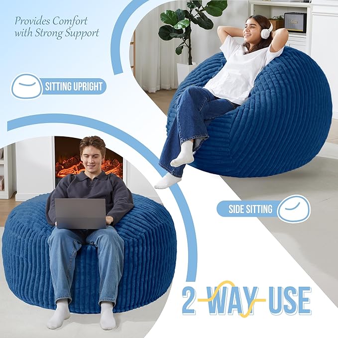 Homguava 3 FT Bean Bag Chair,3' Big Bean Bag,Large Bean Bag Chairs for Adults with Memory Foam Filled,Comfy Beanbag Chairs Soft Bean Bag Sofa with Dutch Corded Plush Cover-Blue