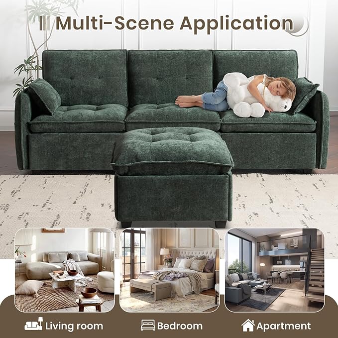 PALLOME 96" Modular L-Shaped Sofa - 3-Seat Cloud Couch with Movable Ottoman, Extra Deep Seat Sofa Couch with Throw Pillows for Living Room & Small Spaces (Green, 3-Seat + Ottoman)