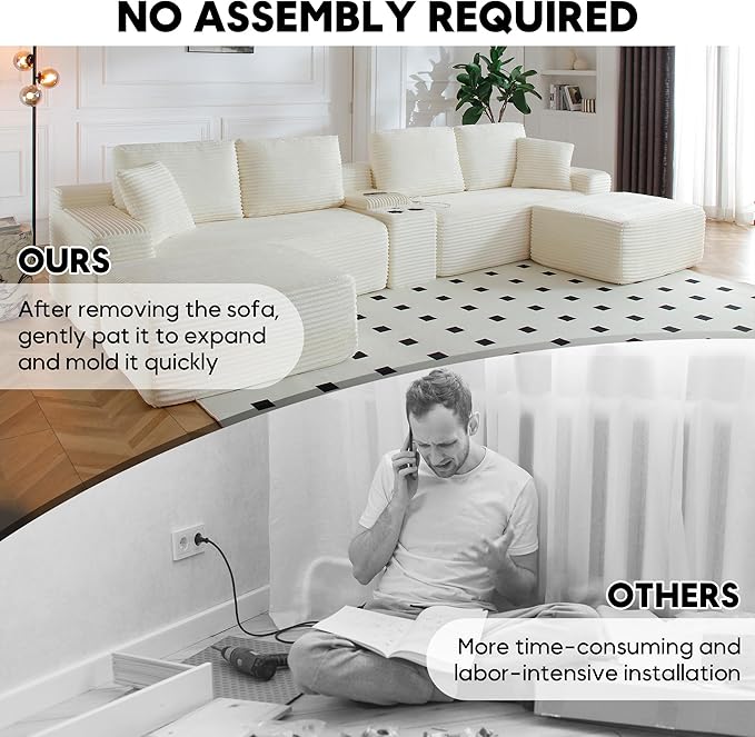125” Oversized Modular Sectional Sofa, Deep Seat Corduroy Cloud Couch with Cup Holders, USB Ports & Storage Box, Sleeper Sofa Couch Boneless Couches for Living Room, No Assembly Required (Beige)