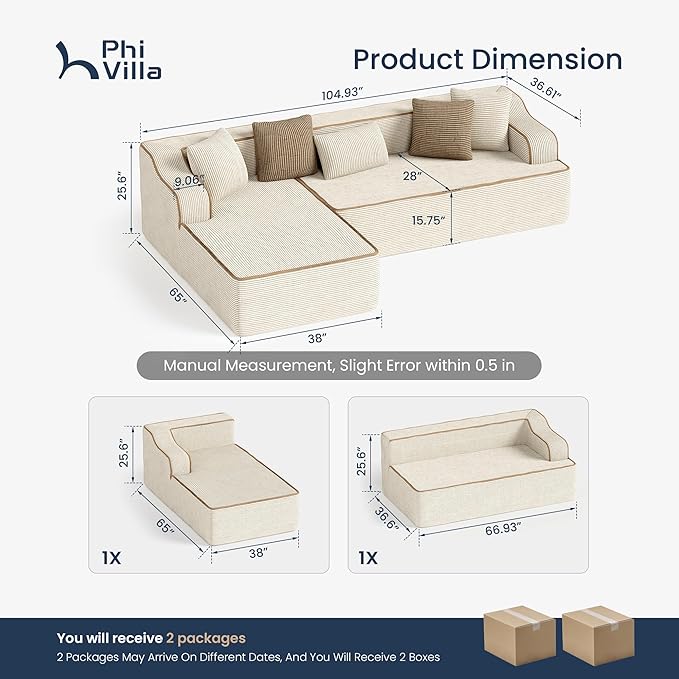 PHI VILLA 104" Cloud Sectional Sofa, Modern L-Shaped Couch with Deep Seat, Compressed Couches for Apartment Living Room, No Assembly Required, Corduroy, Beige
