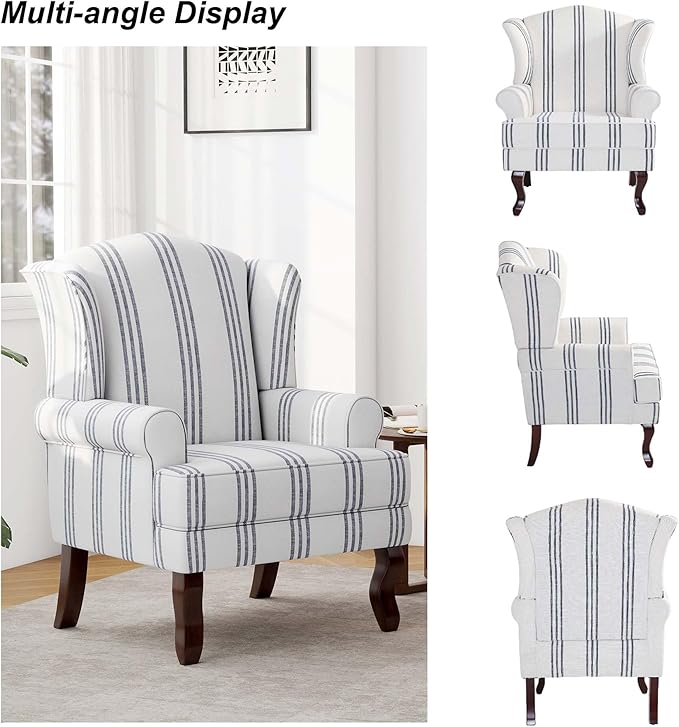 DREAMSIDEA Accent Chair Set of 2, High Back Upholstered Armchair with High Resilience Sponge & Wood Legs, Mid-Century Modern Comfy Single Sofa Reading Chairs for Living Room, Bedroom-Stripe Navy