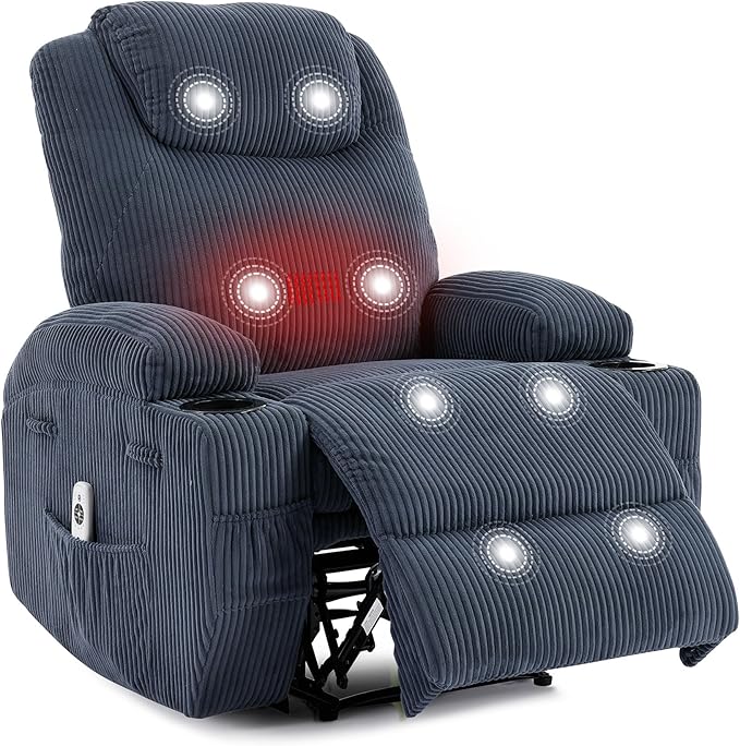 Massage Recliner Chair with Heat - Ultra-Comfortable Reclining (135° Adjustable), Dual Cup Holders & Side Storage Pockets, Easy Tool Assembly, Dark Green