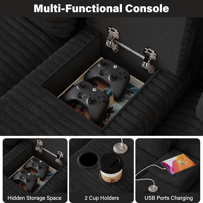Modular Sectional Sofa with USB Cup Holders Storage, 143" U Shaped Cloud Couch Plush Corduroy Deep Seat Boneless Sofas with Double Chaise Lounge Sectional Couches Memory Foam for Living Room - Black