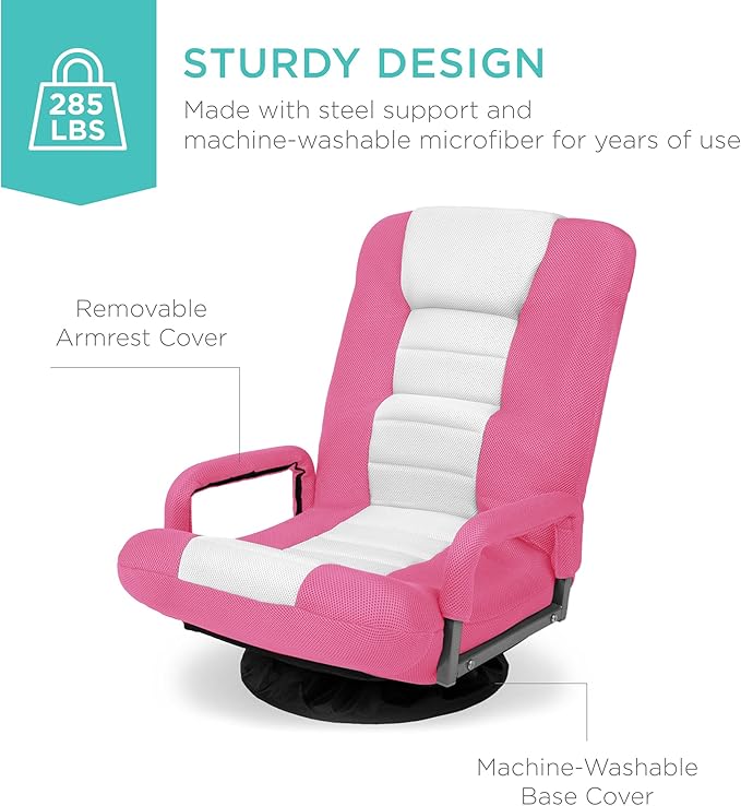 Best Choice Products Swivel Gaming Chair 360 Degree Multipurpose Floor Chair Rocker for TV, Reading, Playing Video Games w/Lumbar Support, Armrest Handles, Adjustable Foldable Backrest - Pink/White