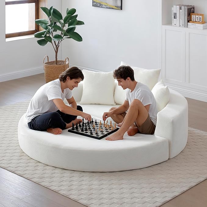 67" Round Convertible Folding Sofa Bed, Boneless Couch Loveseat, Floor Sleeper Chaise Lounge for Living Room, Apartment, Dorm, Small Spaces, Beige