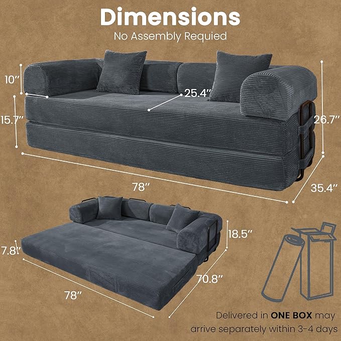 Convertible Sleeper Sofa Bed, 78" Corduroy Foldable Boneless Modular Couch, Memory Foam Compressed Sofa in A Box With Plush Fabric Comfy Floor Lounge Couch for Living Room Apartment Bedroom,Dark Gray