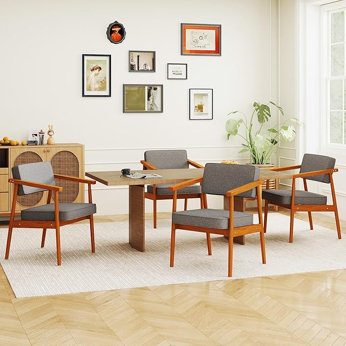 LSSPAID Dining Chairs Set of 4, Fabric Upholstered with Walnut Finished Handrails Comfy Backrest, Mid Century Modern Farmhouse Dining Room Chairs for Kitchen, Living Space & Restaurant, Grey