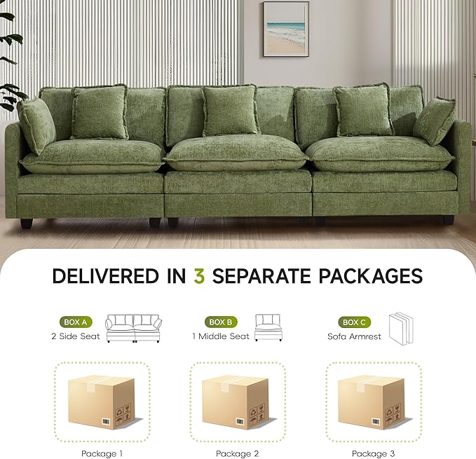 UMBFUN 3-Seater Cloud Couch, Oversized Modular Sectional Sofa with Deep Seat Soft Cushions, Comfy Chenille Couch for Living Room, Apartment & Family Space, Green