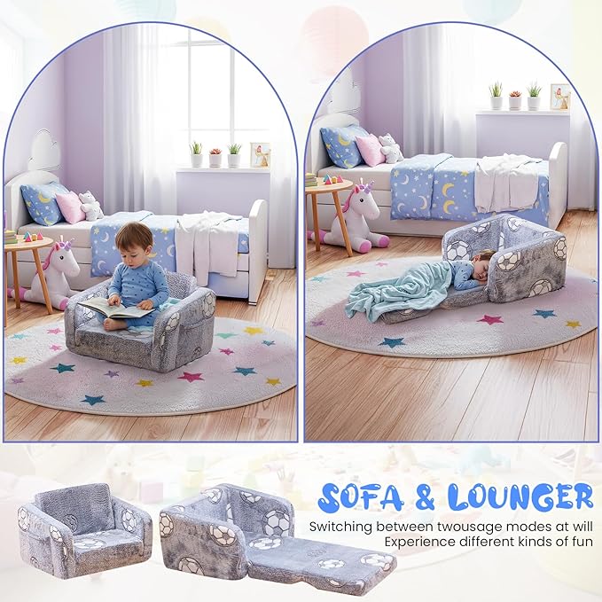 Lamerge 2-in-1 Soft Toddler Couch Fold Out,Foldable Toddler Chair, Glow in The Dark Kids Sofa for playroom,Convertible Foam and Floor Cushion for Boys and Girls (Grey and Football)
