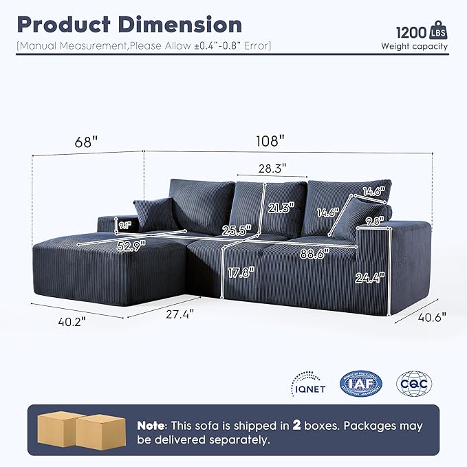 WESTSETLUX 108” Cloud Sectional Sofa Couch with High-Seat, Corduroy Modular Sofa with Oversized Chaise, High-Back Modern L-Shaped Couches for Living Room, No Assembly Required (Blue)