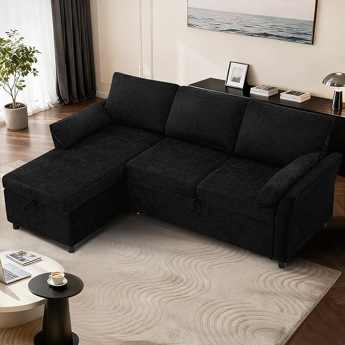ACMEASE 83 Inches Fabric Sectional Sofa with Pull Out Sofa Bed, Modern L Shaped Sofa with Throw Pillows, Comfortable Sleeper Couch with Storage Chaise for Living Room, Black