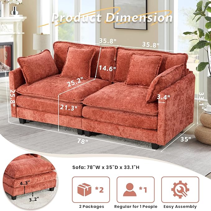 SoarFlash 77.95" Chenille Sectional Sofa, Comfy Modular Loveseat Sofa, Modern 2-Seat Couch Deep Seat Sofa Set for Living Room,Orange