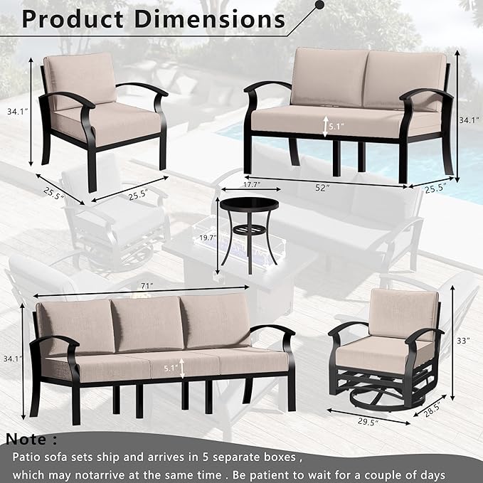 RTDTD Aluminum Outdoor Patio Furniture Set,4 Pieces 7 Seats Patio Conversation Sets with 45" Propane Fire Pit Table,Metal Patio Sectional Furniture Set w/5.1" Cushions for Porch,Deck,Backyard,Sand