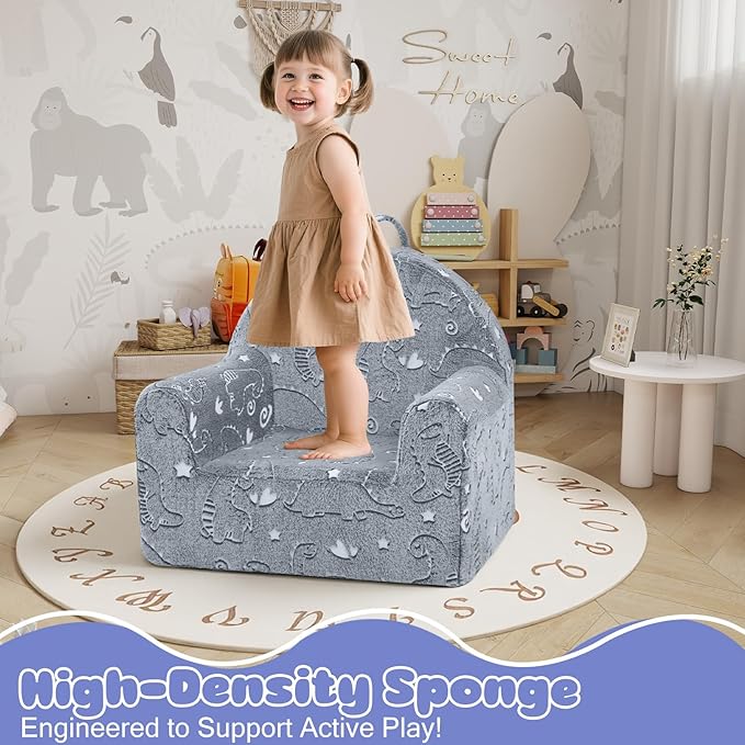 MeMoreCool Comfy Toddler Chair for 1-3 Years Old, Glow Dinosaur Kids Reading Chair, Soft Plush Toddler Armchair, Cozy Foam Lounge Kids Armchair for Baby Room, Living Room, Playroom, Reading Nook