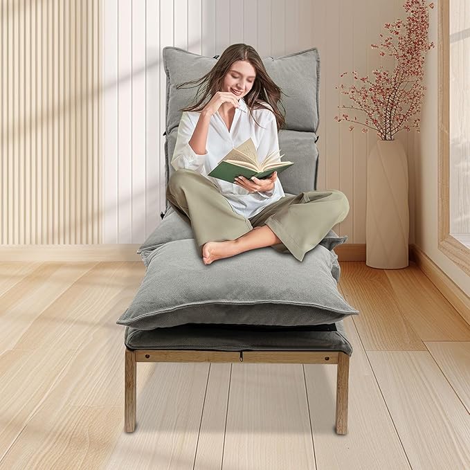 Single Lazy Leisure Chair, Adjustable Recliner Balcony Reclining Japanese Tatami Chair with Ottoman, Floor Seating Lounge Chair with Backrest and Footrest, Upholstered Chair for Living Bedroom (Grey)