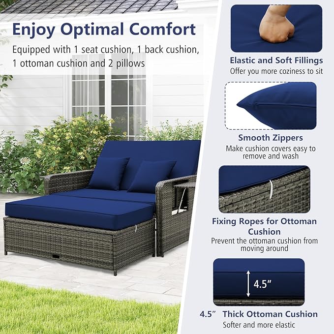 RELAX4LIFE Wicker Patio Outdoor Daybed - Rattan Day Bed Lounger with Loveseat & Storage Ottoman, Sunbed Sofa Set w/Cushions, 4-Level Adjustable Backrest & 2 Retractable Trays, Patio Daybed (Navy-Grey)