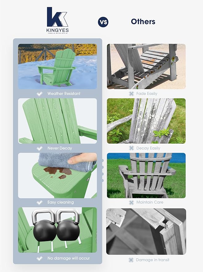 KINGYES Folding Adirondack Chair, HDPE All-Weather Patio Chairs, Wooden Textured Lawn Chair for Poolside, Backyard, Deck, Fire Pit, Light Green