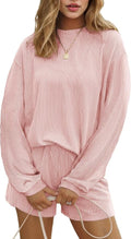 Ekouaer 2 Pieces Lounge Set for Women Long Sleeve Pajamas Top and Shorts Matching Sets Outfits with Pockets