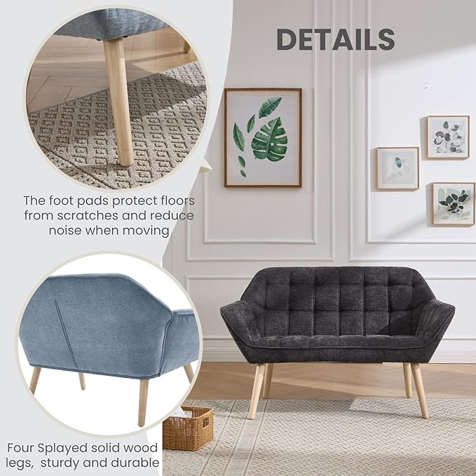 48" Small Couches for Living Room for Small Space, Mid Century Modern Loveseat with Wood Legs 2-Seat Chenille Upholstered Sofa Tufted Couches, Blue