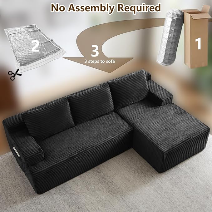 96.1" Modular Sectional Sofa Couches L-Shape Couch 3 Seat Modular Sofa Corduroy Memory Foam Sectional Boneless Couches for Living Room, Cloud Couch with Oversized Chaise(Black, Right Facing)