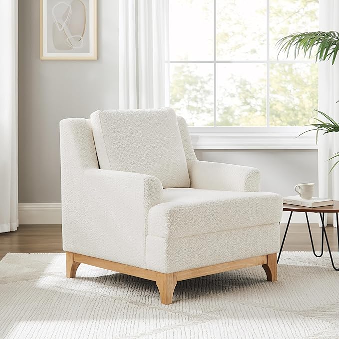 VANOMi Oversized Accent Chair, Modern Boucle Armchair with Wood Legs, Modern Reading Chair with Thick Cushion, Comfy Chairs for Living Rooms, Bedrooms, Reading nooks and Apartments