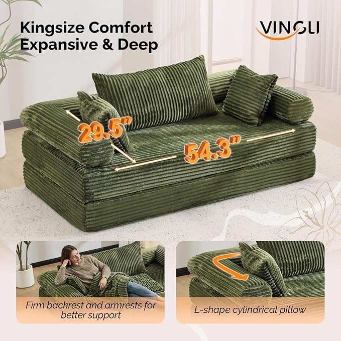 VINGLI Convertible Futon Sofa Bed, Upholstered Corduroy Boneless Couch King Size Floor Loveseat Sleeper Sofa with 2-in-1 Throw Pillow, Couches for Living Room, Bedroom, Lounge, Green