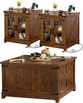 Joaxswe Farmhouse Coffee Table Set, 3 Pieces: Large End Side Tables with Charging Station and Coffee Table with Hidden Storage Compartment, Brown Wood Furniture Sets for Home Office
