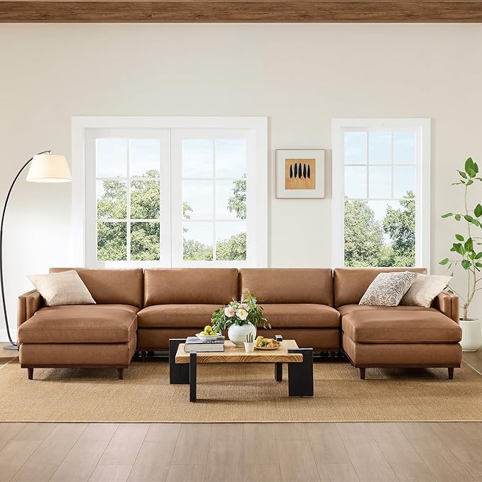 CHITA 153" Super Large Luxury U Shape Convertible Sectional Modular Sofa, Down Filled Modern Sofa, Deep Seat Cloud Couch, 6 Seat Couch with Chaise, 2 Ottomans, Solid Wood Leg, Faux Leather in Camel