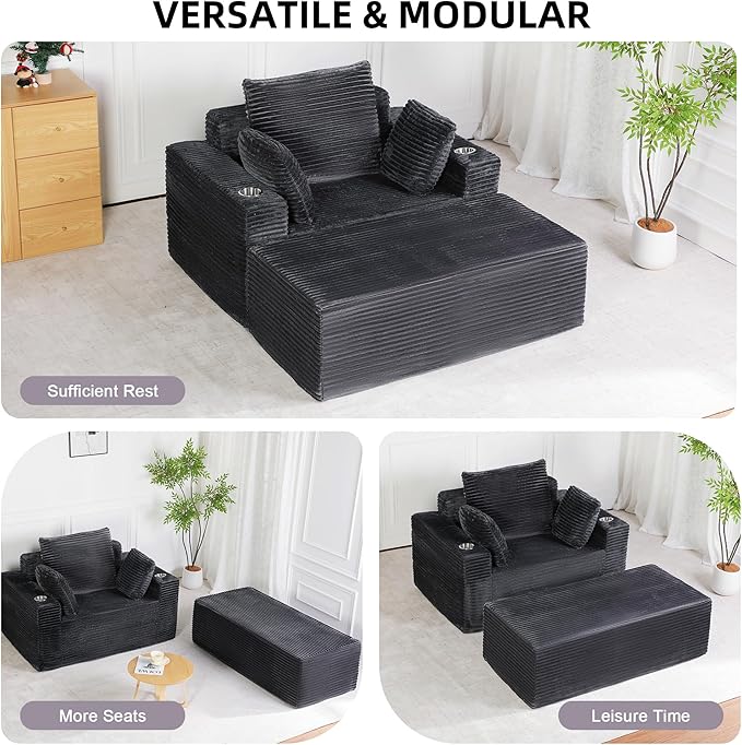 54"W Oversized Chaise Lounge Chair Indoor, Boneless Chaise Lounge Couch, Convertible Comfy Reading Chairs, Corduroy Sleeper Couch Chair for Living Room, Compression Sofa with Ottoman, Dark Grey