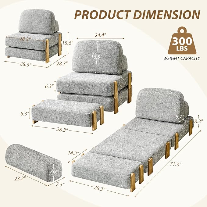 Folding Sofa Bed with Ottoman, 2-in-1 Fold Out Single Sleeper Chair with Wooden Frame, Headrest & Lumbar Pillow, Chenille Boneless Memory-Foam Filled Floor Couch Seating for Living Room Reading, Grey