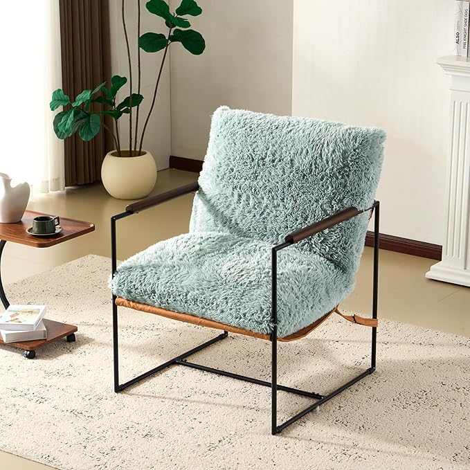 VINGLI 28" Wide Plush Upholstery Sling Modern Accent Chair Set of 2,Reading Armchair with Removable Seat Cushion & Tan Microfiber Seat Base, Lazy Chair for Bedroom & Lounge,Pale Turquoise