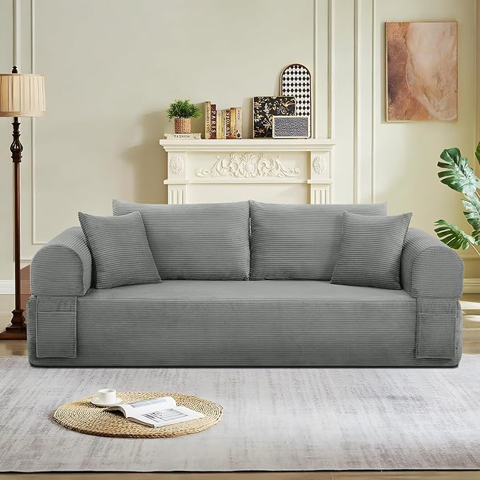 83" Sofa in a Box, 3 Seater Couch No Assembly Boneless Sofa Bed with Cushion Back 2 Pillows Deep Seat Corduroy Fabric Side Storage Pockets for Living Room, Bedroom, Apartment, Office, Light Grey