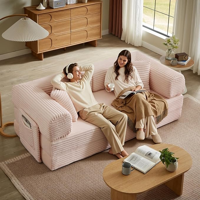 Chorlenimi Boneless Couch Futon Sofa Bed Sectional Couches for Living Room,Cloud Couch with Sleeper Sofa,Sofas for Living Room Oversized Corduroy Upholstered (Pink, 81 Inches (with Iron Frame))