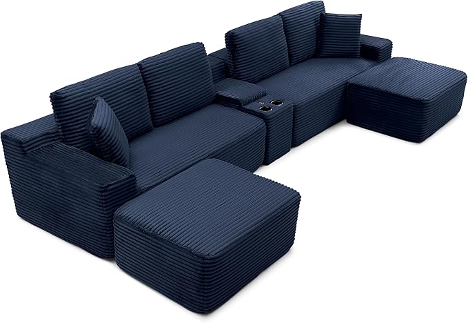 125” Oversized Modular Sectional Sofa, Deep Seat Corduroy Cloud Couch with Cup Holders, USB Ports & Storage Box, Sleeper Sofa Couch Boneless Couches for Living Room, No Assembly Required (Blue)