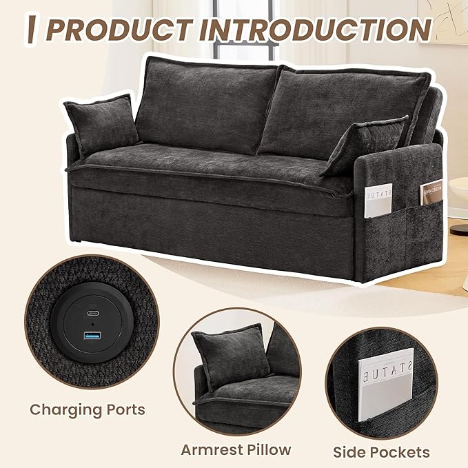 GRAINLLE Pull Out Couch,Loveseat Convertible Sleeper Sofa Bed with USB,Pull Out Sofa Bed Side Storage,2 Pillows,Corduroy Sleeper Couch for Living Room,Bedroom,Apartment,Pet-Friendly(Black, 59.5'')