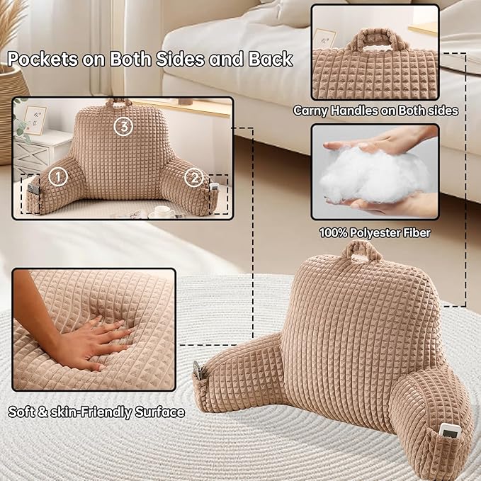 PAJEO Reading Pillow for Sitting in Bed, Large Backrest Reading Pillow with Arm Rest,Back-Rest Support Cushion for Sit Up on Couch, Sofa, and Floor, Dorm Essentials (Khaki Flannel, Standard(17inch))