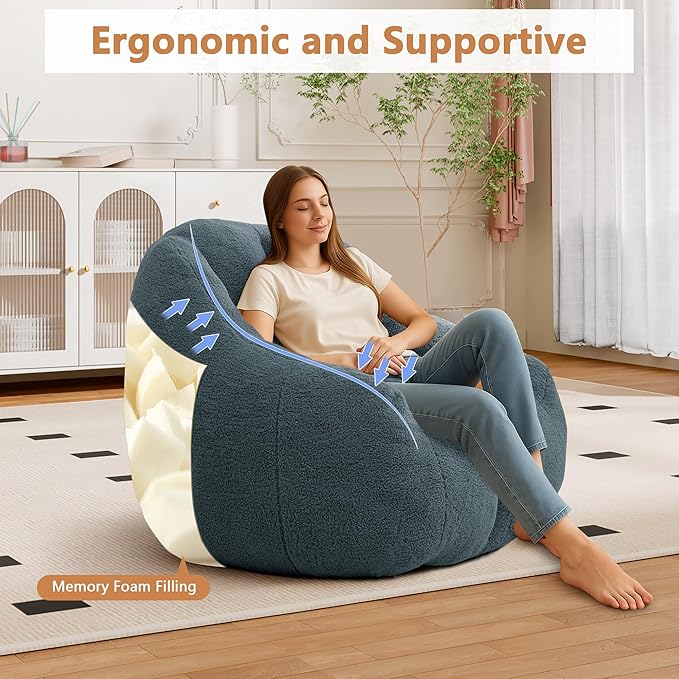 Setawix Bean Bag Chair with Filler, Comfy Teddy Bean Bag Chairs for Adults and Kids, Cozy BeanBag Sofa Fully Floor Couch with Memory Foam for Living Room Bedroom,Green