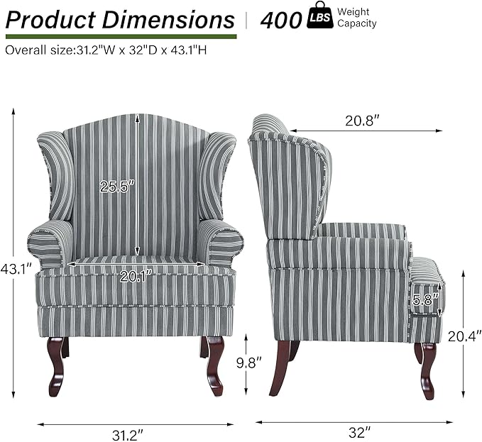 DREAMSIDEA Accent Chair, High Back Upholstered Armchair with High Resilience Sponge & Wood Legs, Mid-Century Modern Comfy Single Sofa Reading Chairs for Living Room, Bedroom (Stripe Grey, Set of 1)