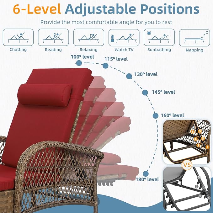 WINGTU Outdoor Chaise Lounge Chair, PE Wicker Long Recliner Patio Lounge Chair with Cushion, 6-Position Patio Reclining Sun Lounger with Adjustable Backrest for Poolside, Armrest & Pillow, Red