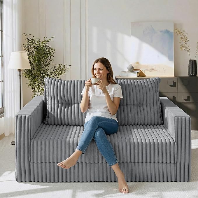 HABUTWAY Folding Sofa Bed, 2 in 1 Convertible Sleeper Chair with Pillow, Portable Fold Out Chair Bed with Armrest, Comfy Floor Couch, Lazy Sofa for Living Room Bedroom Dorm Home Office, Light Grey