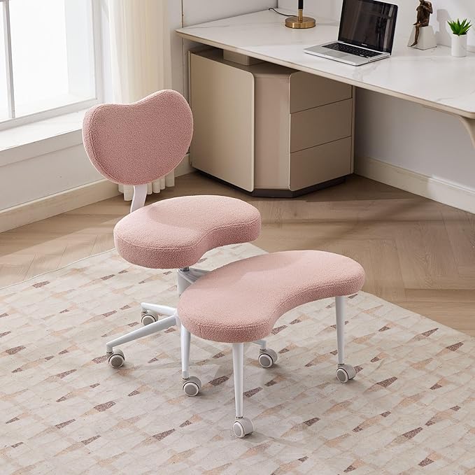 Meditation Chair with Lumbar Support,360° Swivel Cross Legged Chair with Wheels, Ergonomic Cross Legged Office Chair for Adults with ADHD, Height-Adjustable Yoga Chair, Teddy Fabric, Pink