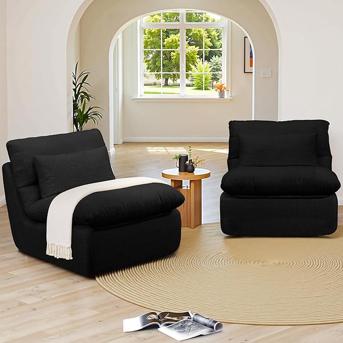 Boneless Single Sofa – 32” Teddy Plush Frameless Lounge Chair with High-Density Foam Support – No Assembly, Cloud Couch for Living Room, Bedroom, & Apartment (Black)