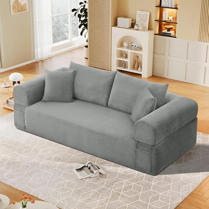 83" Sofa in a Box, 3 Seater Couch No Assembly Boneless Sofa Bed with Cushion Back 2 Pillows Deep Seat Corduroy Fabric Side Storage Pockets for Living Room, Bedroom, Apartment, Office, Light Grey