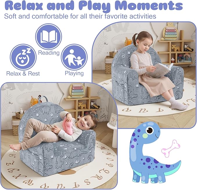 MeMoreCool Comfy Toddler Chair for 1-3 Years Old, Glow Dinosaur Kids Reading Chair, Soft Plush Toddler Armchair, Cozy Foam Lounge Kids Armchair for Baby Room, Living Room, Playroom, Reading Nook