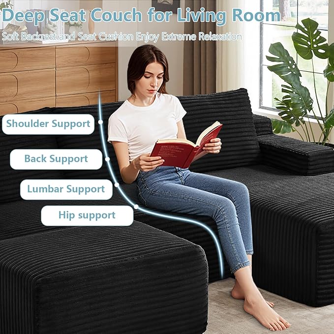 96" W Cloud Sectional Couch with Ottoman,Modern U-Shaped Cloud Couch with Side Pockets,Comfy Corduroy 3-Seater Sofa,Memory Foam Sofa for Living Room,No Assembly (Black,Right-Facing Chaise)