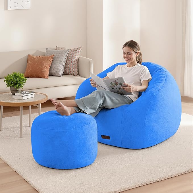 HABUTWAY Bean Bag Chair, Oversized Shell-Shaped Bean Bag Couch with Ottoman, Giant Beanbag Chair for Adults and Kids, Comfy Bean Bag Sofa & Footstool, Large Floor Sofa for Living Room Bedroom, Blue